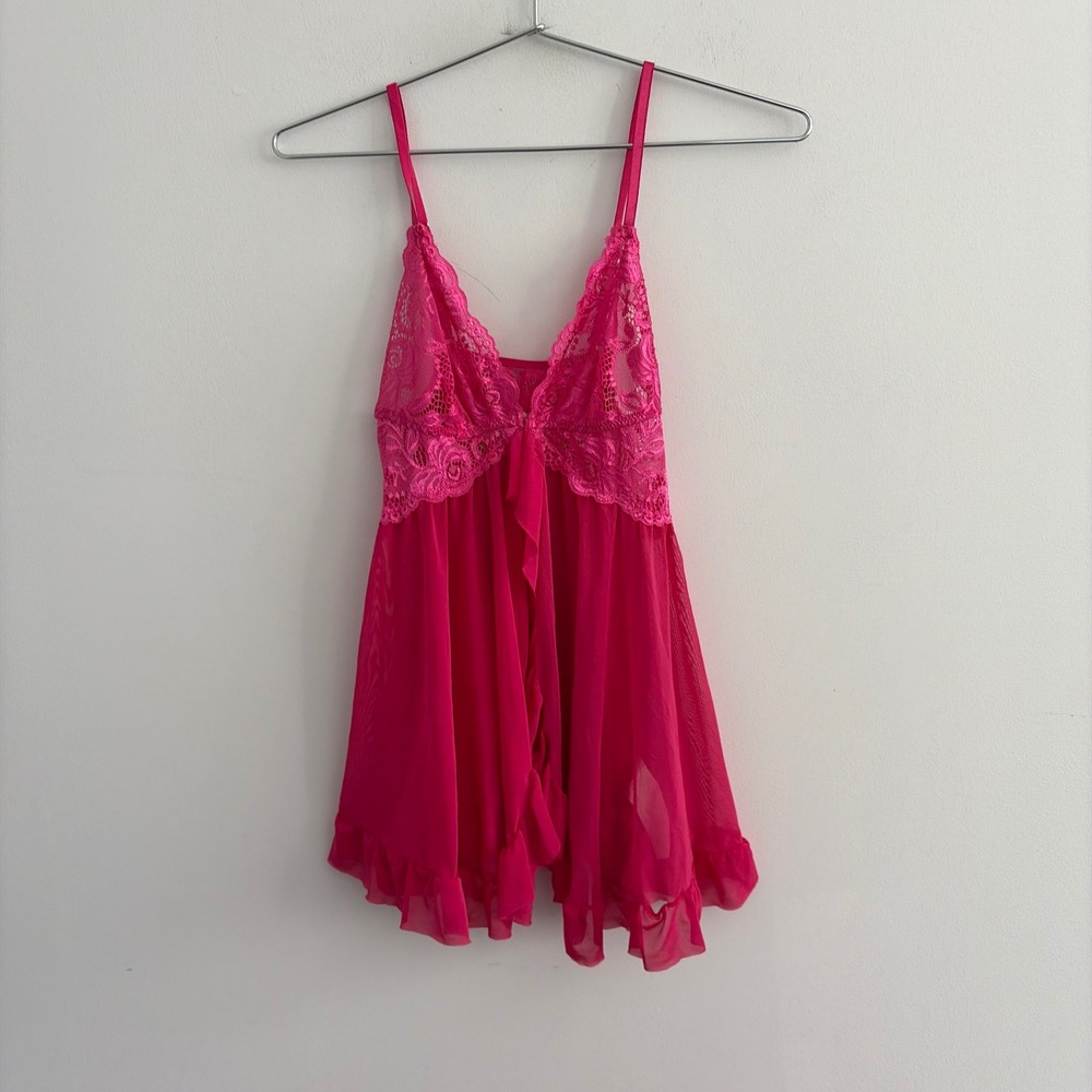 Victoria's Secret Pink Lace Mesh Babydoll Lingerie Hot Pink XS